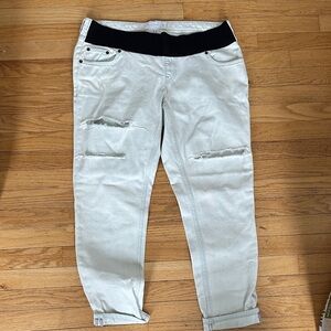 Light Wash Distressed Maternity Jeans with Black Waistband